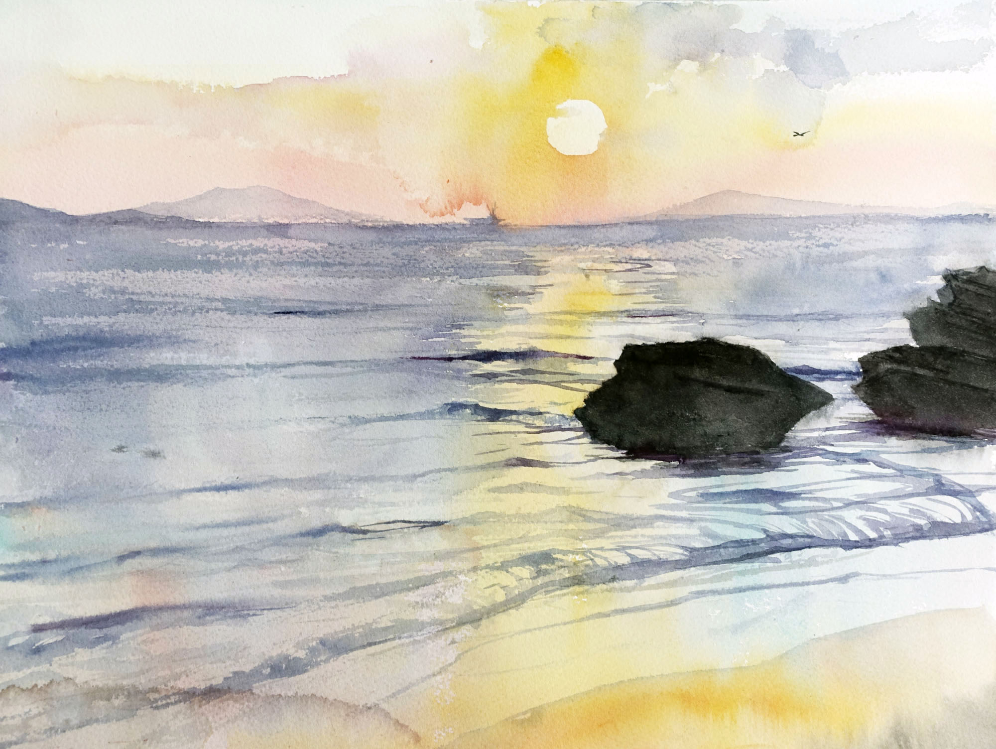 色鉛筆アート 夕日に照らされる海 風景画 - 絵画/タペストリ